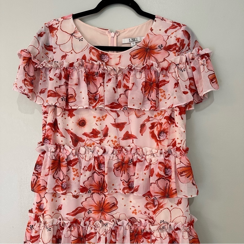 Badgley Mischka Tiered Ruffle Floral Dress Pink Mini Size 10 RTR Designer - Picture 5 of 14